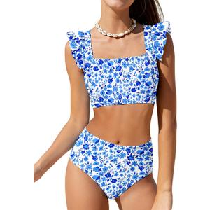 Girls 2 Piece Swimsuit Square Neck Ruched Ruffle Trim Bikini Sets Adjustable Straps Bathing Suit for Teen Girls 9-16Y (11-12 Years, Bluefloral)