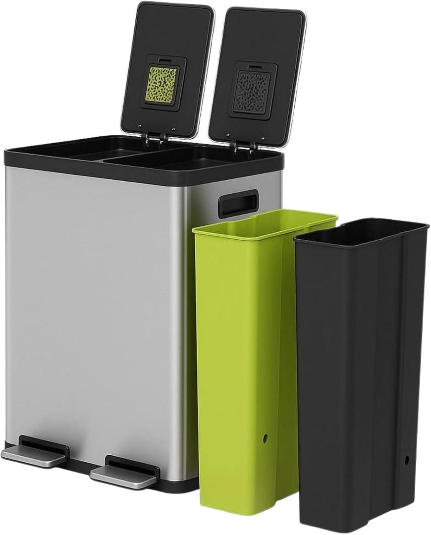 Simpli-Magic 16 Gallon (60L) Step Trash Can  Dual Compartment Kitchen Garbage Can with Waste & Recycling Bins  Slow-Close Lid, Odor Control, Hands-Free, Inner Bases, Premium Stainless Steel