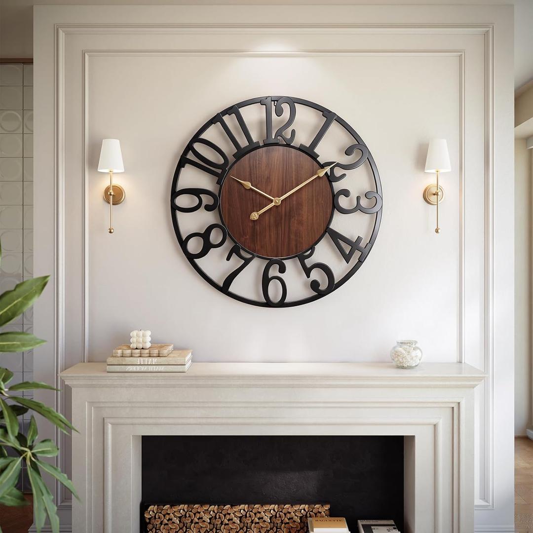 Vantic 32 Inch Large Wall Clock, Arabic Numeral Wood Oversized Wall Clocks for Living Room Decor, Farmhouse, Bedroom and Kitchen, Completely Silent, Non Ticking, Battery Operated