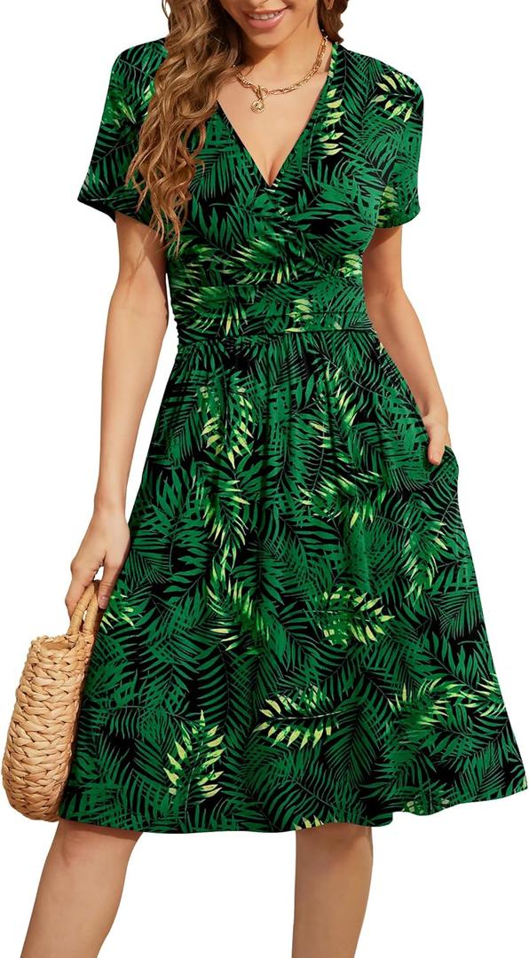 WEACZZY Women's Summer Short Sleeve Casual Dresses V-Neck Floral Party Dress with Pockets (Large)