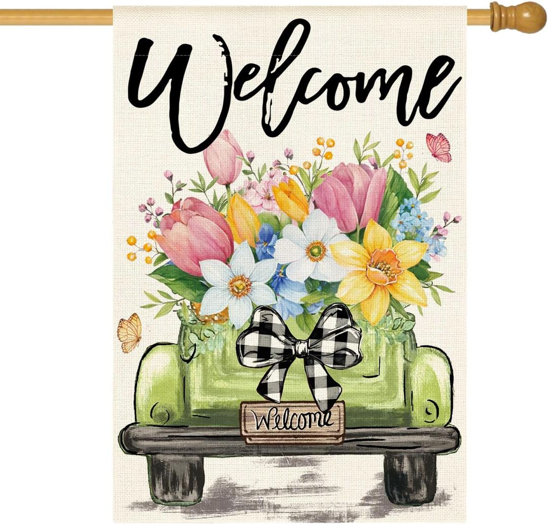 AVOIN colorlife Spring Tulip House Flag 28x40 Inch Double Sided Outside, Seasonal Flower Truck Rustic Yard Outdoor Flag
