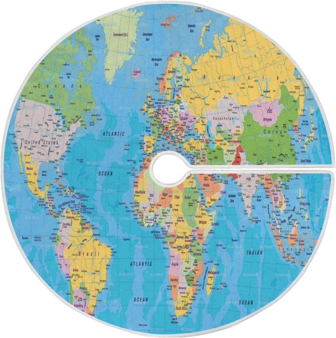 Qilmy Christmas Tree Skirt Large Watercolor World Map Painting Mat Xmas Home Holiday Party Decorations 36inch