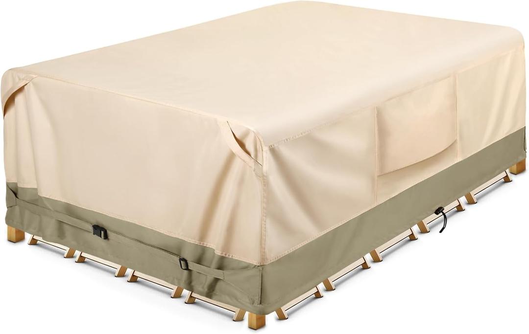 COSFLY Heavy-Duty Waterproof Patio Furniture Cover for Outdoor Table and Chairs Set - Fits 108L x 82W inch, 600D Oxford Fabric Ultimate Weatherproof Rectangular Cover with Adjustable Straps (Beige)