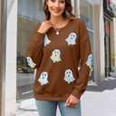 MYHALF Halloween Sweatshirts Women Colorful Sequin Ghost Graphic Pullover Shirt Halloween Witch Crewneck Sweater (Small, Brown)