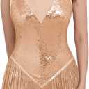 IBAKOM Women Fringe Sequins Bodysuit Latin Jazz Dance Dress Sparkly Tassel Rave Outfits Acrobat Circus Hip Hop Dance Costume (Beige, XXL)