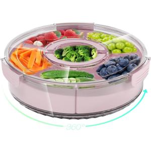 Divided Rotating Serving Tray with Lid and Handle, Portable Snackle Box for Fruits Snacks Veggie Charcuterie, Clear Lazy Susan Organizer and Fridge Storage Container for Adults Child (1PCS,12" L (Pink)