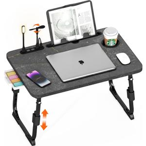 Laptop Desk for Bed Height Adjustable, Lap Bed Table with USB/Storage Drawer/Cup Holder/Tablet Stand/Book Shelf, Foldable Breakfast Tray Portable for Reading Writing, Sofa & Floor, Deep Stone Texture