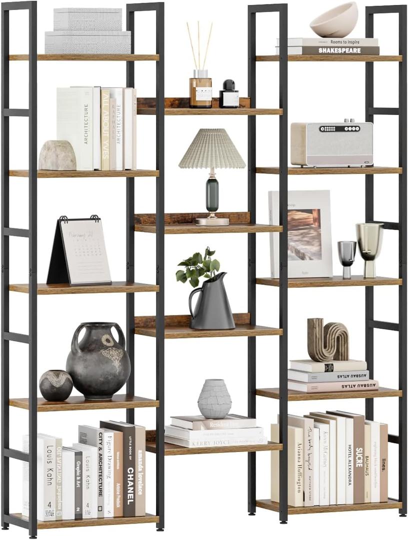 OTK Triple Column 5 Tier Bookshelf, Large Bookcase with 14 Open Display Shelves, Adjustable Industrial Book Shelf with Baffles, Wide Bookshelves for Bedroom, Living Room and Home Office, Rustic Brown