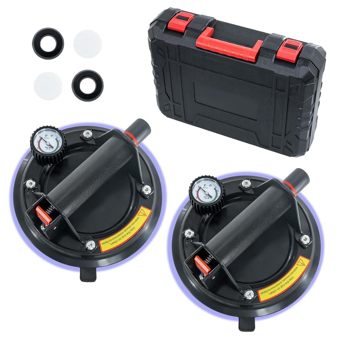 2 Pack 8 Inch Glass Suction Cups to Lift Large Glass, 480lbs Load Capacity Window Suction Cup with Pressure Gauge, Heavy Duty Hand-held Lifter for Granite, Windshield, Tile, Window