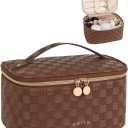 Prite Makeup Bag, Large Capacity Portable Travel Cosmetic Bag, Waterproof Makeup Organizer for Women with Handle and Divider (001 Checkered Brown)