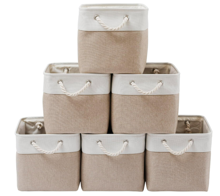 13 x 13 Inch Cube Storage Bins, 6 Pack Extra Large Collapsible Fabric Storage Bin with Ropes, Foldable Storage Cubes for Home (White & Beige-13"x13"x13")