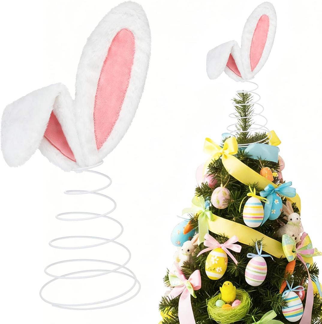Poen Easter Tree Topper with Bunny Ears Metal Spiral Bunny Ornaments Rabbit Christmas Tree Decor for Easter Holiday Decoration Spring Party Supplies (10 Inches)