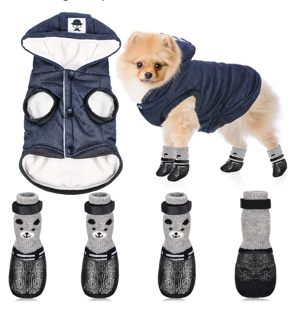 Winter Dog Coat Warm and Cat Boots Shoes Socks Waterproof Puppy Jacket Small Dog Booties Paw Protectors Stylish Hooded Coat for Puppy(Navy Blue,S)