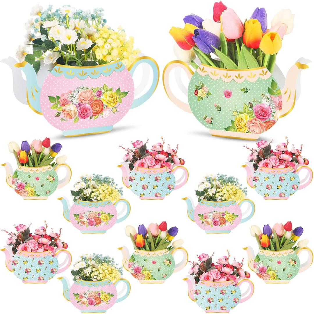Ireer 12 Pieces Tea Party Centerpieces for Table Spring Party Decorations Teapot Princess Flower Centerpieces for Floral Tea Themed Birthday Supplies Baby Shower Wedding Anniversaries