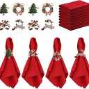 16 Pcs Christmas Napkin and Ring Set,8 Pcs Exquisite Christmas Napkin Ring Holder and 8 Pcs Red Washable Christmas Napkins Cloth for Christmas Holiday Dinner Party Table Decoration