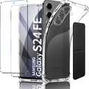 for Samsung Galaxy S24 FE Case, Shockproof TPU Clear Cover with 2 Pack Tempered Glass Screen Protectors & Leather Kickstand (3M Adhesive Mount) for Stand/Horizontal Viewing, Clear