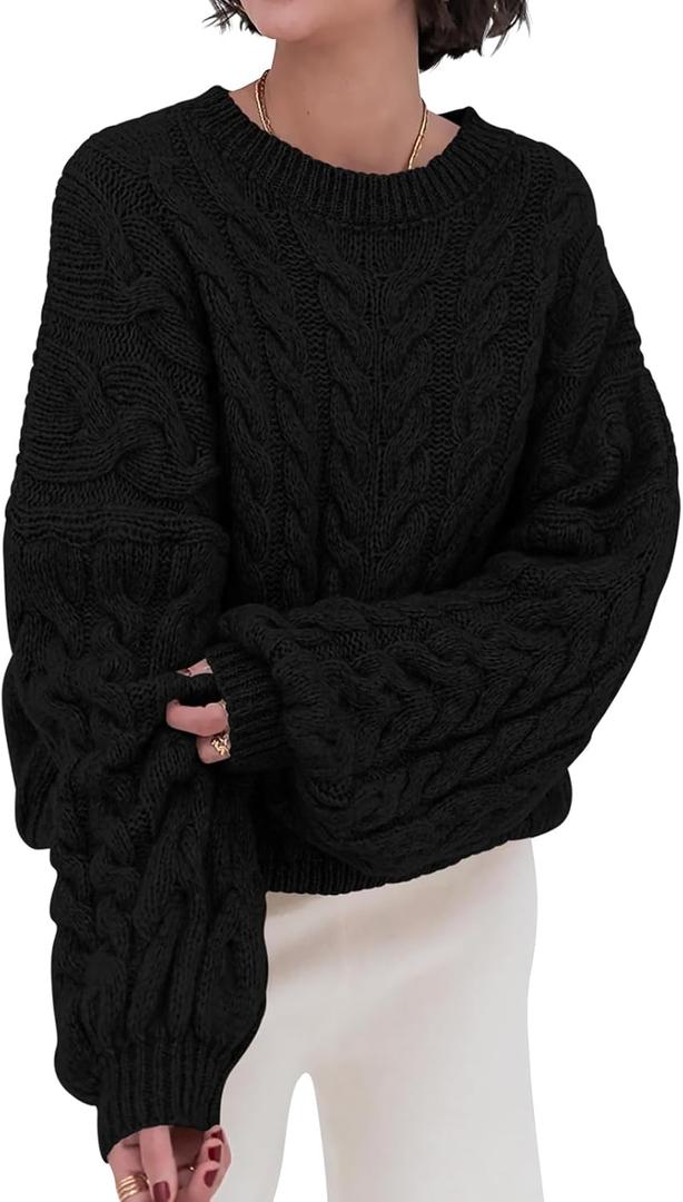 PRETTYGARDEN Womens Sweaters Spring 2026 Cable Knit Long Sleeve Crewneck Oversized Sweater Chunky Pullover Loose Outfits (Large, Black)