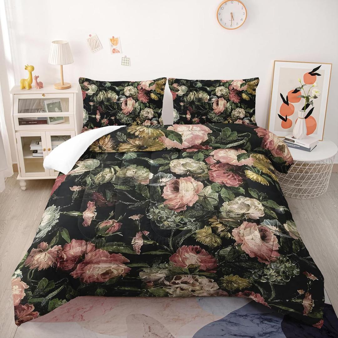 Boho Floral Comforter Set Queen Black Floral Bedding Sets 3PCS for Kids Teen Adult Flowers Leaves Room Decor Ultra-Soft Lightweight Microfiber 1 Comforter with 2 Pillowcases