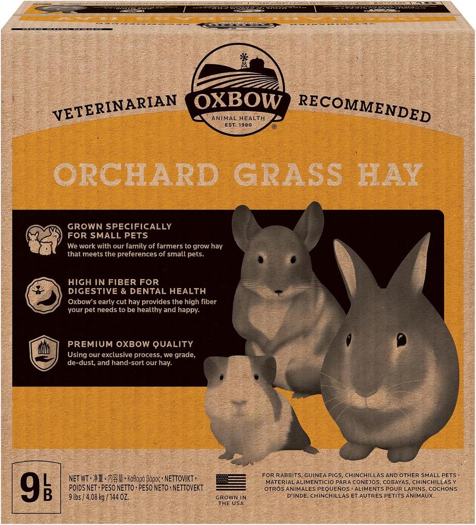 Oxbow Animal Health Orchard Grass, Guinea Pig Hay, Rabbit Hay, Small Pet Bunny Supplies, All Natural Grass for Guinea Pig, Bunny, Chinchilla & Hamster, Oxbow Rabbit Supplies for Bunnies, 9 lb. box (EXP 07/21/28)