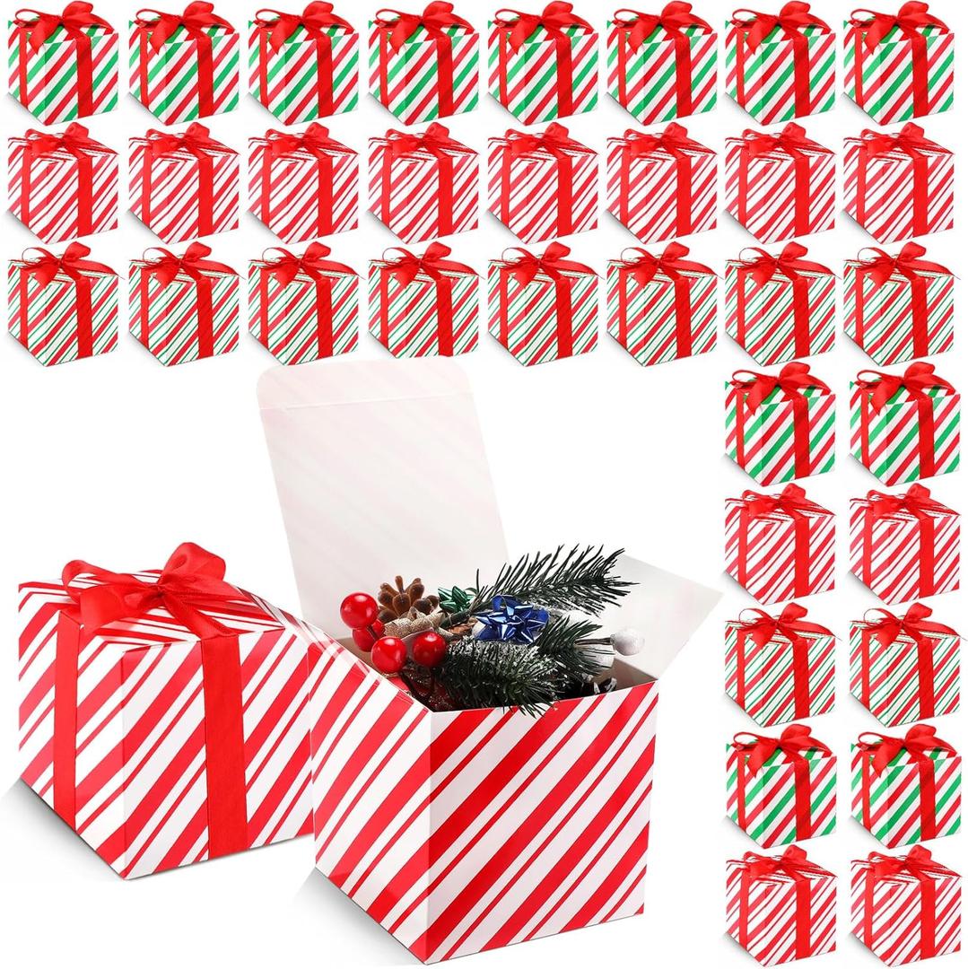 Fulmoon 48 Pcs Christmas Gift Boxes with Lids 4 x 4 x 4 Inches Candy Cane Stripe Box with Red Ribbons Small Green White Red Gift Box for Wedding Bridesmaid Gift Wrapping Birthday Holiday Party Decor