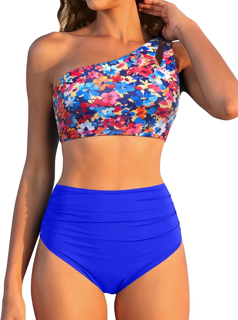 Women High Waisted Bikini - One Shoulder Bathing Suit Tummy Control Two Piece Swimsuit 2025 (Large, Colorful Floral)