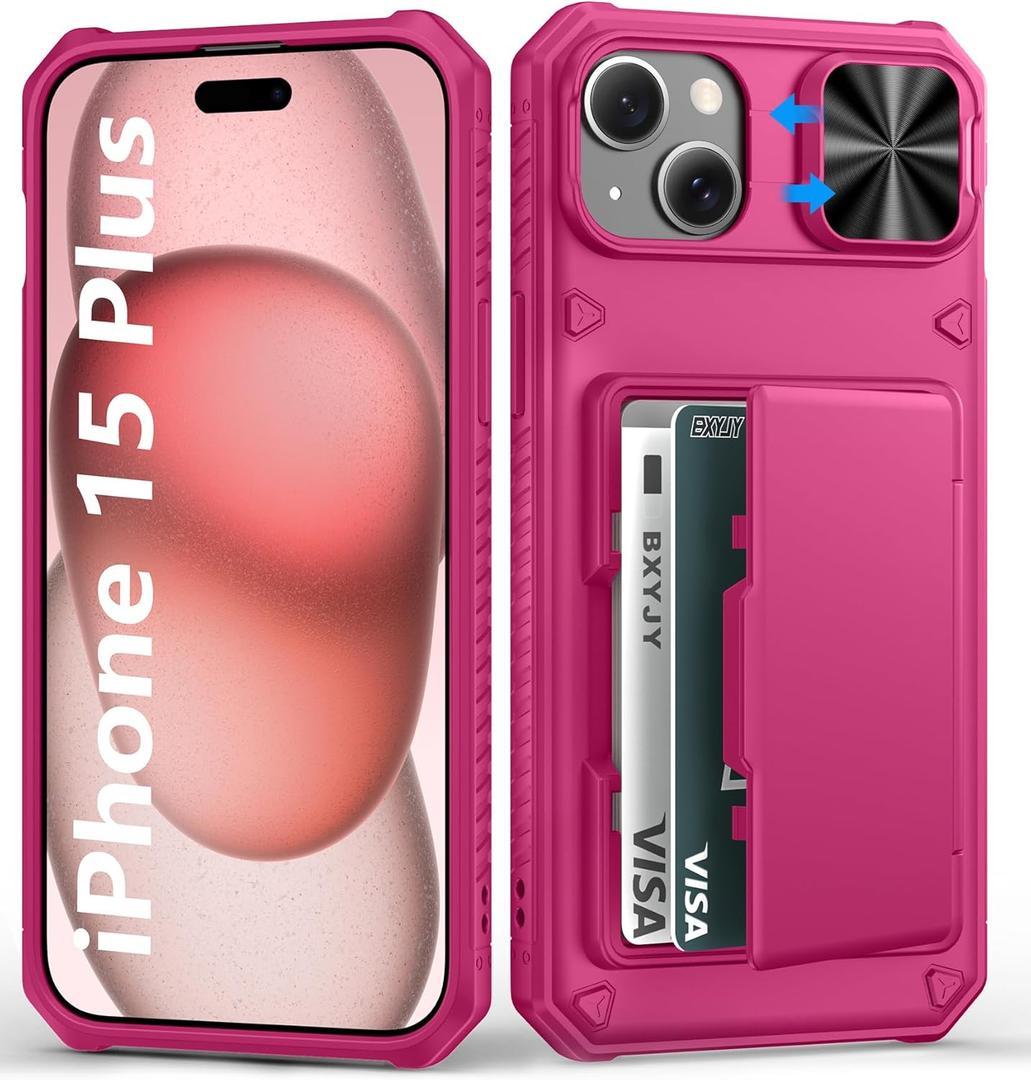 for iPhone 15 Plus & iPhone 14 Plus Wallet Case with Card Holder(4-5 Cards), Slide Camera Lens Cover, Military Drop & RFID Protection, Heavy Duty Phone Cases for iPhone 15 Plus/14 Plus, Hot Pink