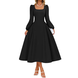 ZESICA Women's Long Sleeve Midi Dresses 2026 Fall Square Neck Swing A Line Wedding Guest Evening Prom Dress, Medium