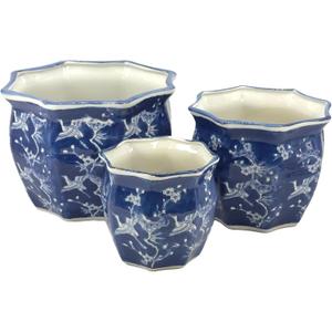 Galt International White & Blue Crane Round Fluted Floral Porcelain Ceramic Plant Flower Planter Pot Set of 3 (7.5", 10", 13") Garden Pots Chinese Asian Design (White & Blue Crane - Round Fluted)