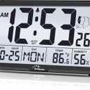 WallarGe Atomic Wall Clock with Backlight, Digital Wall Clock Battery Operated for Classroom, Bedroom, Office, Large Display with Indoor Temperature, Humidity, Date, AUTO DST, 6 Time Zones