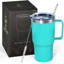 20 oz Tumbler with Handle, insulated cup coffee mug with lid, straw and handle, Double Wall Stainless Steel Vacuum Coffee Tumbler travel mug spill proof, 1pcs Light Green