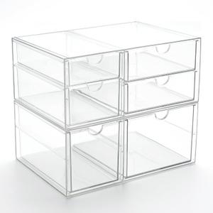 Prsildan Acrylic Drawer Makeup Organizer with 6 Drawers, Set of 2 Office Desk Organizers Accessories, Clear Stackable Storage Drawers for Vanity, Craft, Not for Baby Bottle (Largest Drawer 4" Tall)
