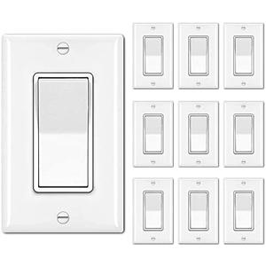 BESTTEN 10 Pack Single Pole Decorator Light Switch with Wallplate, 15A 120/277V, Rocker Paddle Wall Switch, On/Off Interrupter for LED and Other Lamps