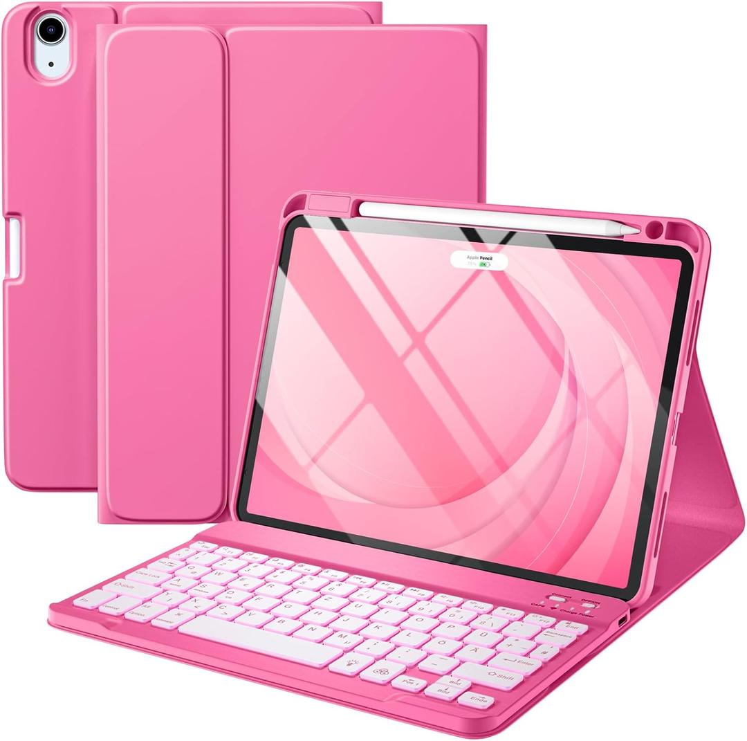 Harvopu Compatible for iPad Air 11 Inch/Air 5th 4th Generation Case with Keyboard - Folio Keyboard Cover with Pencil Holder for iPad Air 11-inch M4/M3/M2 (2026/2025/2024), Air 5/Air 4 (Hot Pink)