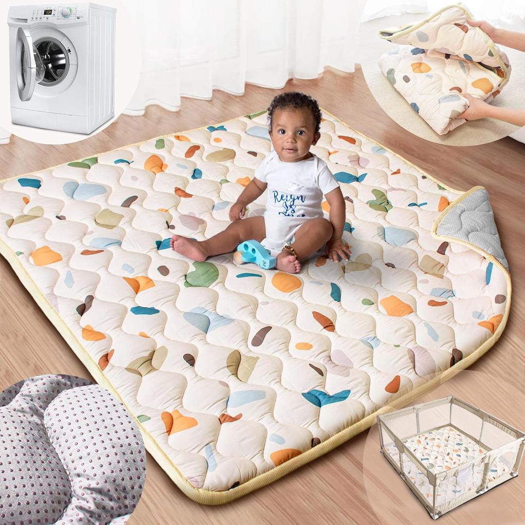 Baby Play Mat, 50x50 Playpen Mat with Super Soft Touch, Activity Playmat with Upgraded Anti-Slip Bottom, Machine Washable Crawling Mat for Floor & Picnic (Boho Color Blocks)