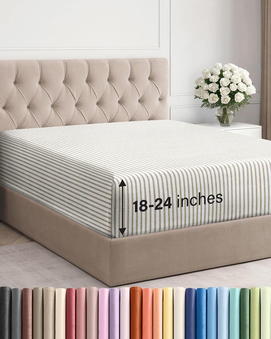 Extra Deep Queen Fitted Sheet - Hotel Luxury Single Fitted Sheet Only - Easily Fits 18 inch to 24 inch Mattress - Ultra Soft, Wrinkle Free with Extra Deep Pockets - Breathable & Comfy - Beige Stripes