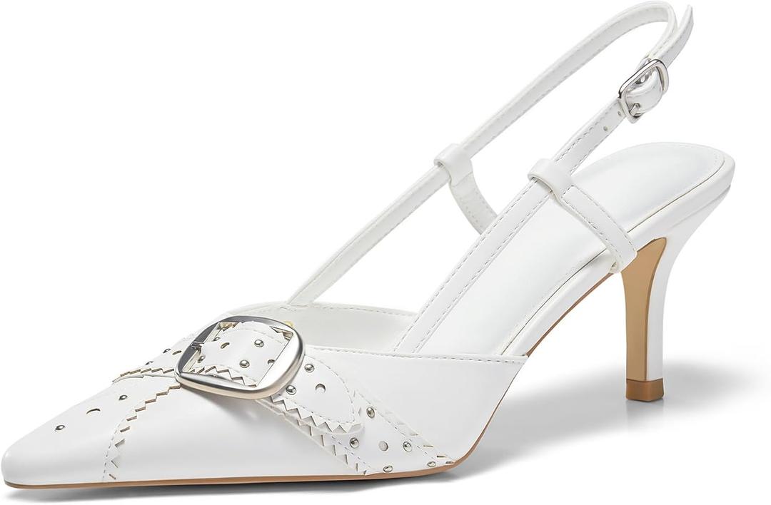 Coutgo Womens Slingback Kitten Heels Studded Closed Pointed Toe Pumps with Buckle Party Dress Shoes (8, White)
