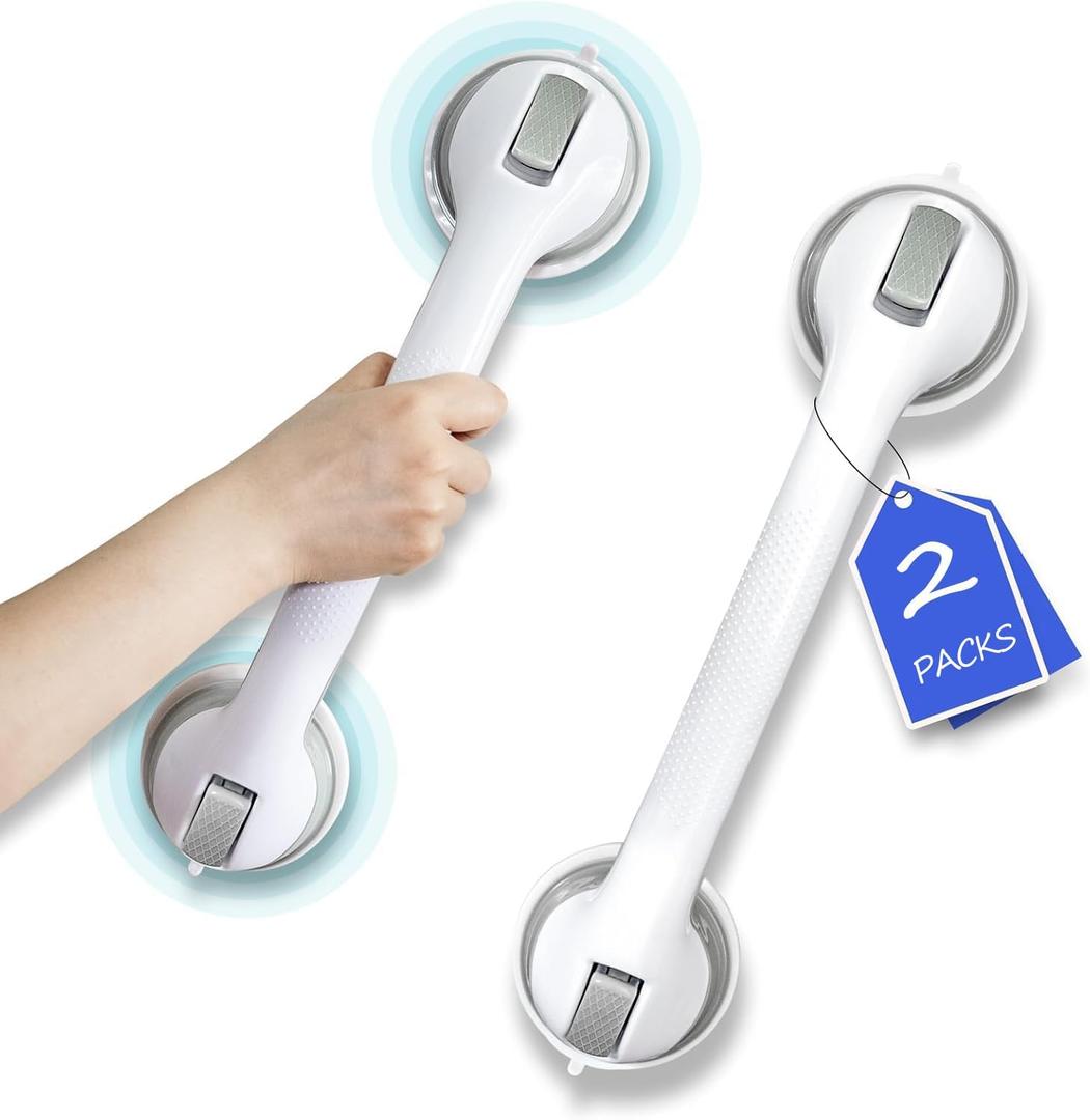 Shower Grab Bar, Suction Grab Bars for Shower, 2 Pack 16 Inch Shower Handles for Elderly Suction, Bathroom Grab Bars for Seniors, Shower Grab Bars Suction Heavy Duty, Waterproof No Drilling