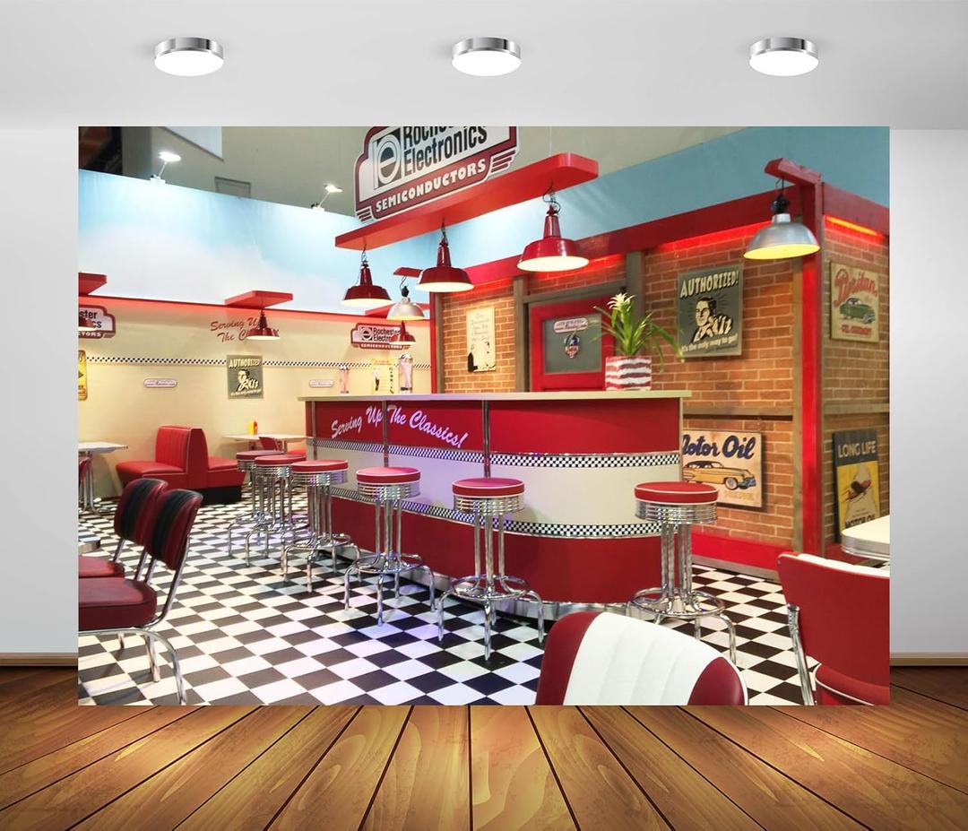 BELECO 7x5ft Fabric Retro 50s Diner Backdrop Classic 1950s Fast Food Soda Shop Restaurant Rockin Dinner Party Dining Background 50s Diner Party Supplies Banner Photo Booth Studio Props