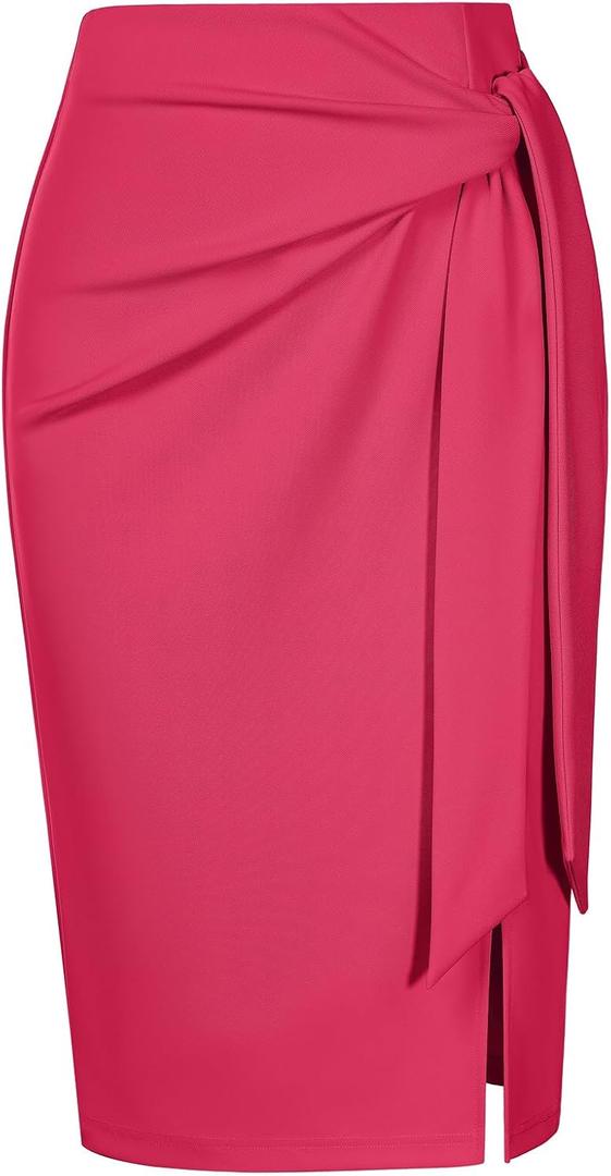 Kate Kasin Women's Skirt Elastic High Waist Bow Tie Knee Length Stretch Bodycon Pencil Skirts with Slit XL