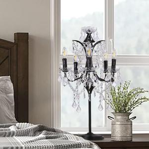 TOCHIC 5-Light Farmhouse Tranditional Crystal Table Lamp, Black Craft Candelabra Lighting Fixture 30'' Tall for Living Room, Reading Room, Bedroom, Office