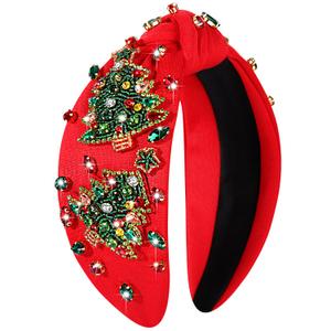 Jeweled Plaid Embellished Crystal Pearl Knotted Wide Top Knot Headband Hair Accessories for Women Christmas Outfits Gifts (Christmas Tree 6)
