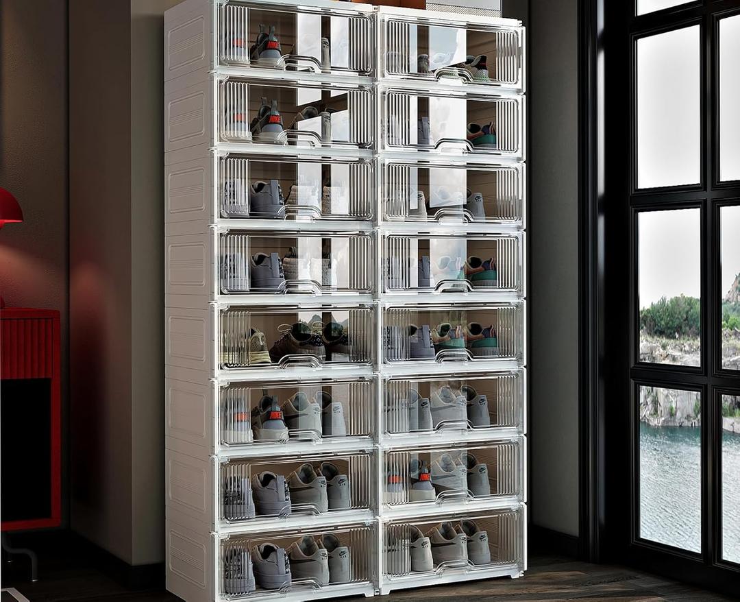 MAGINELS Shoe Storage Cabinet with Doors, Large Foldable Shoe Rack for Entryway and Closet, Clear Stackable Shoe Box Organizer, Portable Enclosed Shoe Shelf for Sneakers and Boots, 8Tier, 2 BY 8