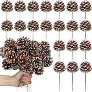 60 Pcs Pine Cones for Christmas Tree 1.38 x 5.1 Inch Frosted Snow Pine Cones Ornaments with Wired Pick for Crafts Holiday Wreath Garland Party Decorations