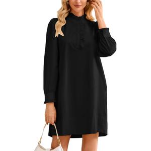 Women's Puff Long Sleeve Stand Ruffle Collar Mini Dress Casual A Line Shift Dress with Pockets, Size S