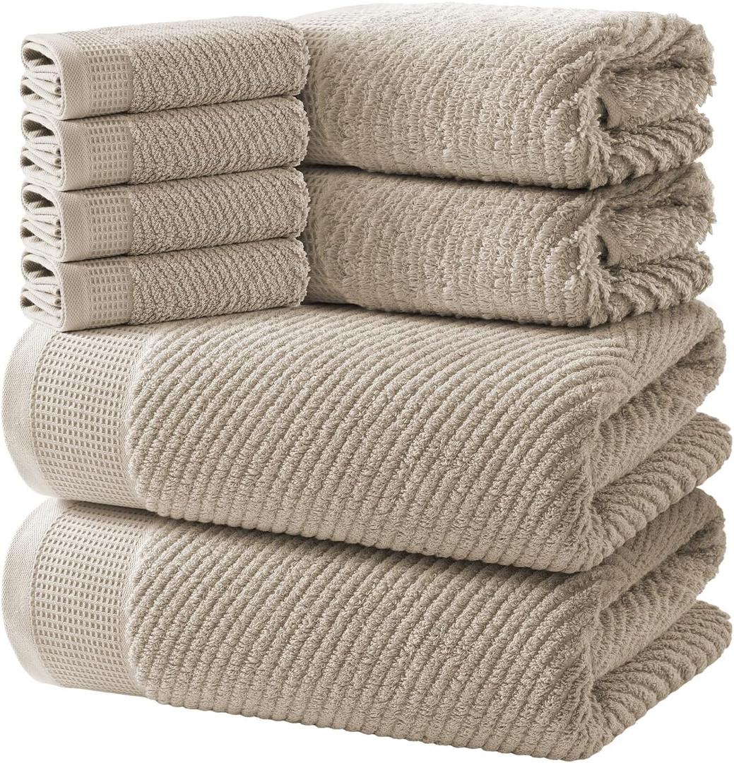 REDKISS 8-Piece Premium Towel Set, 2 Bath Towels, 2 Hand Towels, 4 Washcloths, 100% Cotton, Quick Dry, Highly Absorbent Towels for Bathroom, Gym, Hotel, Spa, Dark Coffee
