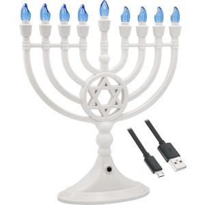 The Dreidel Company Traditional LED Electric White Hanukkah Menorah - Large Size 13-Inches Tall Battery or USB Powered - Includes a Micro USB Charging Cable