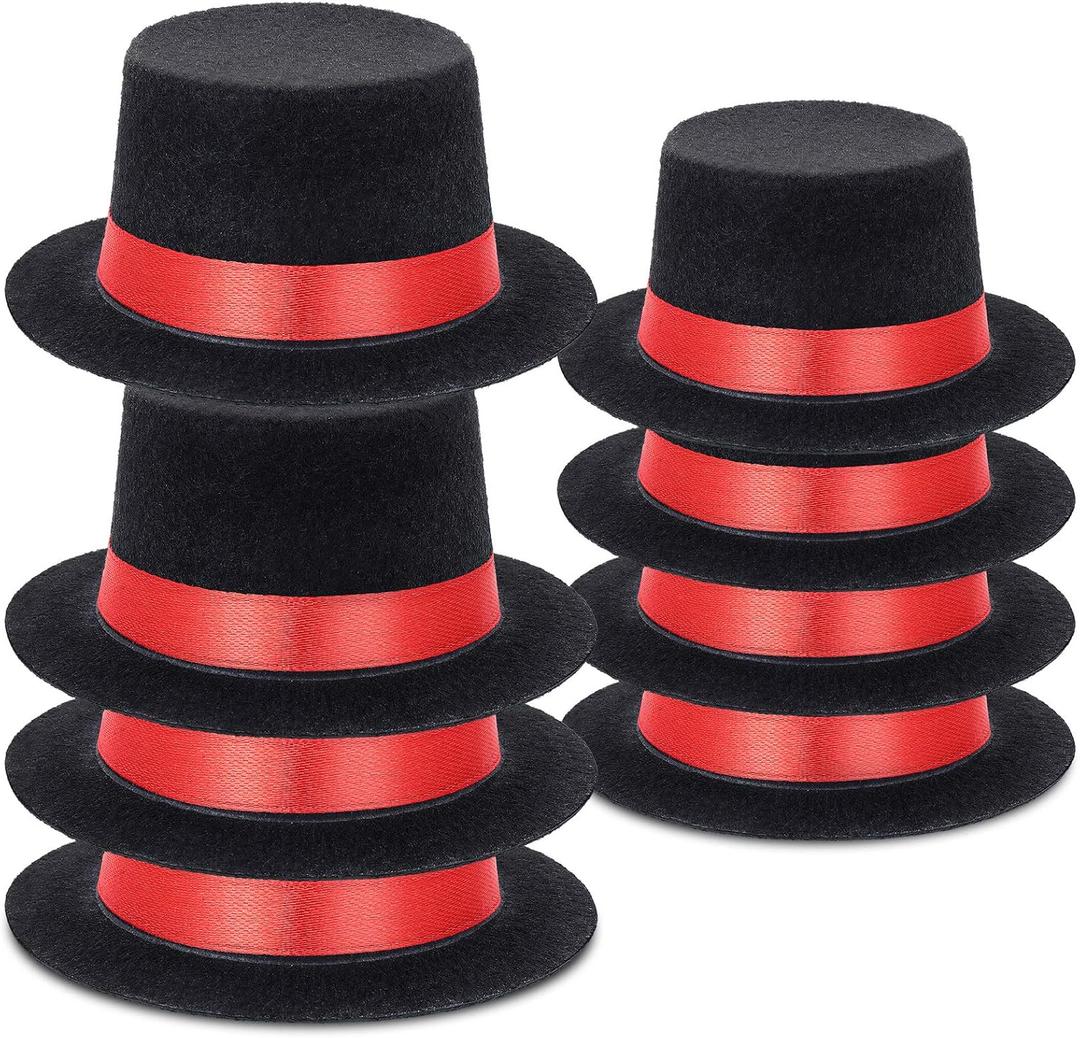 Skylety 8 Pieces Felt Top Hats Mini Black with Red Ribbon Miniature Top Hats for Christmas Party Snowman Doll Craft