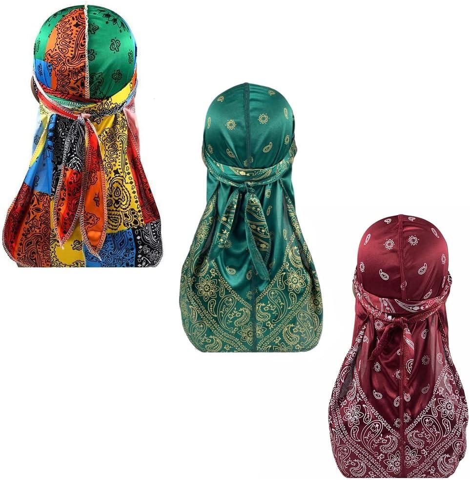 Assorted Paisley Bandana Doo rag Cap Headwraps Men's Women's Silk Durag with Long Tail and Wide Straps for 360 Waves