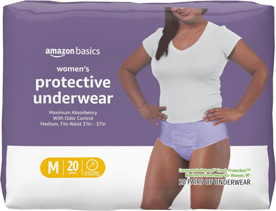 Amazon Basics Postpartum Incontinence Underwear for Women, Maximum Absorbency, Disposable, Fresh Protection, Odor Control, Comfortable Fit, Medium, Lavender, 20 Count, Pack Of 3