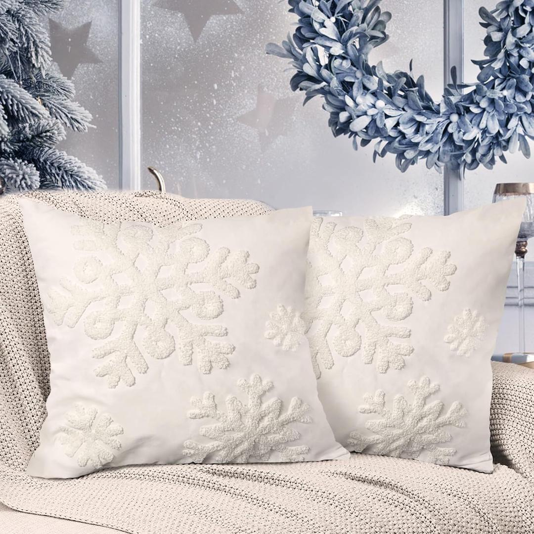 Winter Snowflake Embroidery Decorative Throw Pillow Covers 18 x 18 Set of 2, Tufted Snow Porch Outdoor Home Decor, Plush Faux Fur Jacquard Sofa Couch Cushion Case